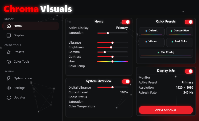 Chroma Visuals menu with saturation, vibrance and quick presets